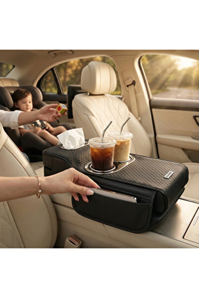 AutoFamily Car Armrest Heightening Pad with Cup Holder & Tissue Box (Burgundy)