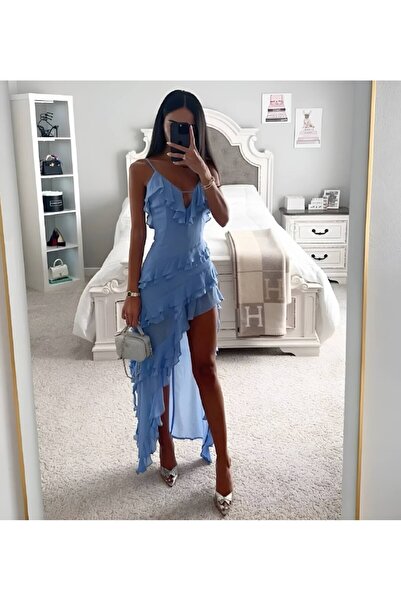 hipnoz butik Kadın Tül Kumaş Asimetrik Kesim İp Askılı Uzun Elbise