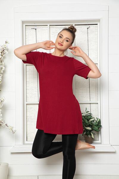 MyBen Kadın Bordo Kısa Kol Pamuklu Bisiklet Yaka Penye Tunik Slm04