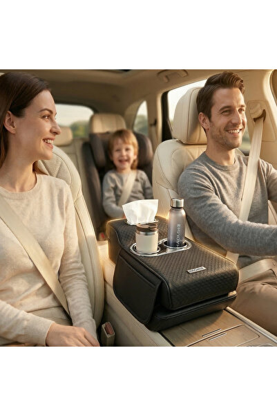 AutoFamily Car Armrest Heightening Pad with Cup Holder & Tissue Box (Burgundy)