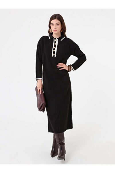 Refka Rochie musulmană din tricot cu guler polo și detalii contrastante, cu n...