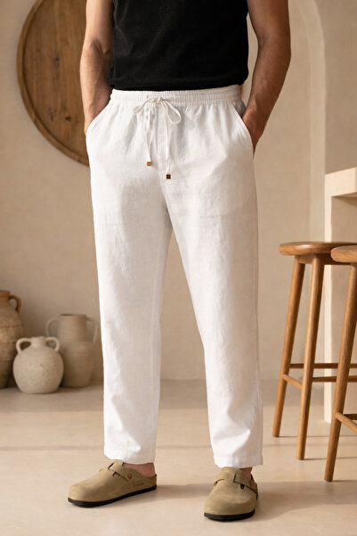 İLKCET MODA Linen White Baggy Fit Men's Trousers