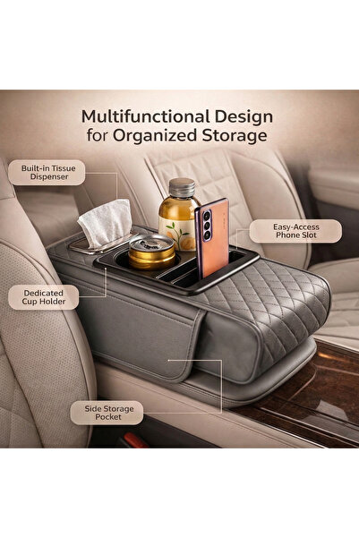 AutoFamily Car Seat Armrest Organizer with Cup Holder – PU Leather Center Console Storage Box(Gray)