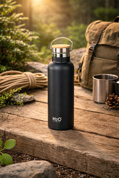 H2O Paslanmaz Çelik Sızdırmaz Bambu Kapaklı Termos Matara Mug 750 ml | Siyah