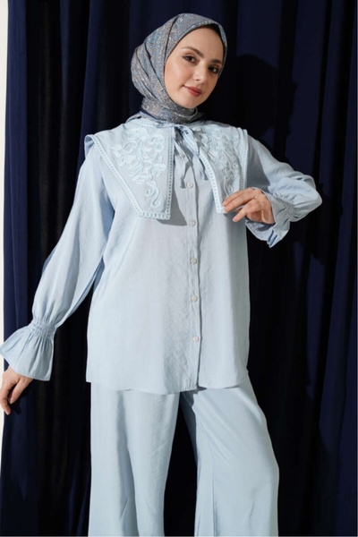 Safgiyim44 Collar Embroidered Modal Double Set with Ankle Cuffs - Blue