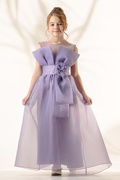 Mnk Baby&Kids Kız Çocuk Organze Tül Çiçek ve Fiyonk Detaylı Gipe Sırtlı Prenses Abiye Elbise M00800 LİLA