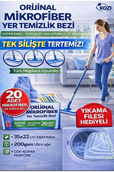 Kozi Mikrofiber mop bezi, tüm moplara uyumlu, Yıkama filesi hediyeli, 20 adet...
