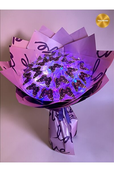 exzone Led Işıklı Lila-Mor Kelebek Buketi Love Ambalaj, Dekoratif Konsept Hed...