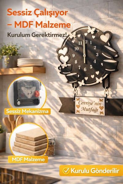 Ste Desing Ahşap Dekoratif Sessiz Çalışan Saat,Ahşap Siyah Mutfak Saati, Ahşap Saat, Mutfak Dekorasyonu