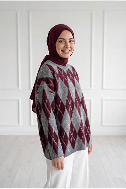 MİHRA STORE Πλεκτό πουλόβερ Adriana Baklava με σχέδιο-Zİ5581 Βουργουνδία