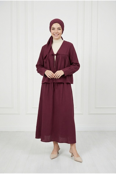 MİHRA STORE Σετ Φούστας με Κορδόνια και Δέσιμο - ZŞ7077 Βουργουνδί