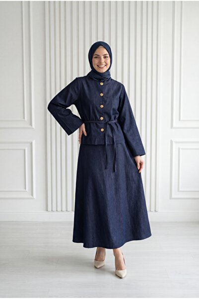 MİHRA STORE Σετ τζιν με φαρδιά μανίκια και χρυσά κουμπιά Aksa - FA1066 Ναυτικ...