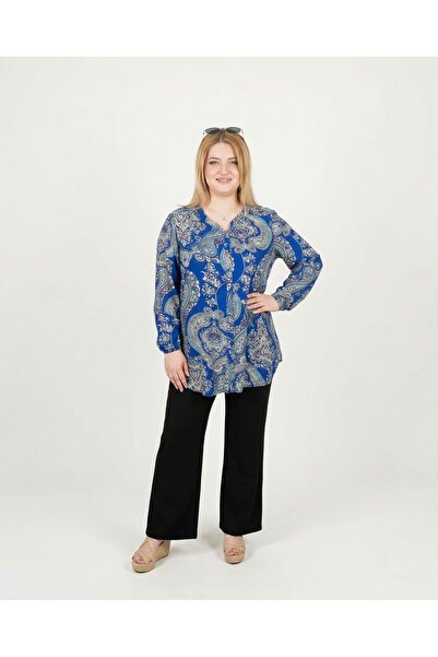 ELSEBUTİKTR Women's Blue Drop Patterned Plus Size Viscose Tunic Shirt
