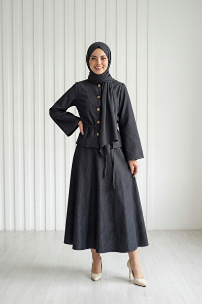 MİHRA STORE Aksa Σετ Τζιν με Χρυσά Κουμπιά και Φαρδιά Φούστα-FA1066 Μαύρο