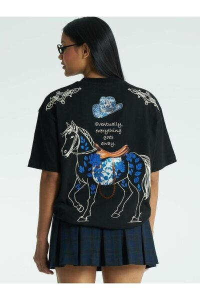 Chirkef Unisex Black Oversize 100% Cotton Back and Front Printed Crew Neck Street Style T-Shirt Go Away