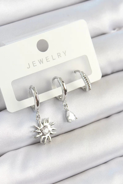 Skygo طقم أقراط نحاسية من حجر الزركون موديل الشمس فضي اللون مكون من 3 أزواج ل...