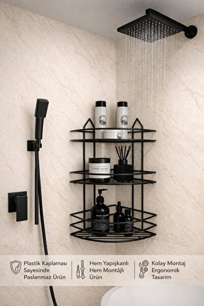 Alper Banyo Μινιμαλιστικό μαύρο γωνιακό ράφι |   Αυτοκόλλητη Μεταλλική θήκη σ...