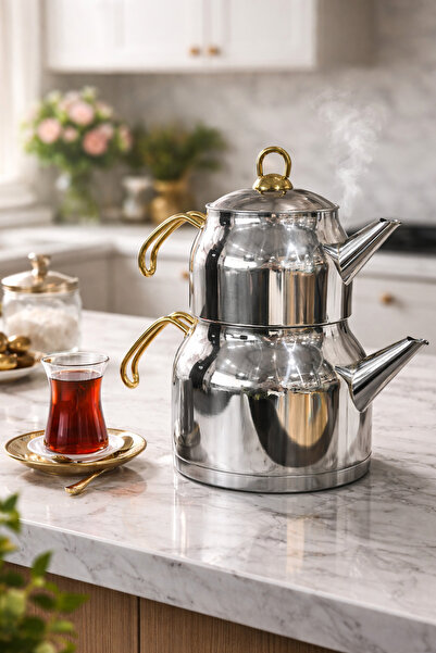 DOWRY STİL Metal Sap Aile Büyük Boy Paslanmaz Çelik 1.6-3,0 Lt. Çaydanlık Takımı