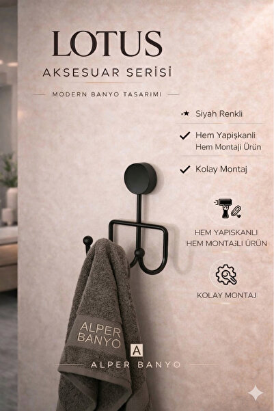 Alper Banyo Mat Siyah Üçlü Havlu Askısı Banyo Mutfak Askı Asacağı Ister Yapış...
