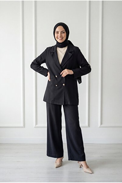 MİHRA STORE Σετ Σεντάν με Κρυφές Τσέπες και Χρυσά Κουμπιά - GS527 Μαύρο