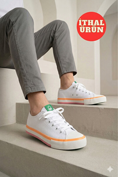 Benetton ® |   Γυναικεία αθλητικά παπούτσια λευκά - πορτοκαλί καλοκαιρινά λιν...