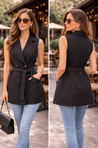 ASELMAVİ Uzun Kolsuz Kemerli Yelek