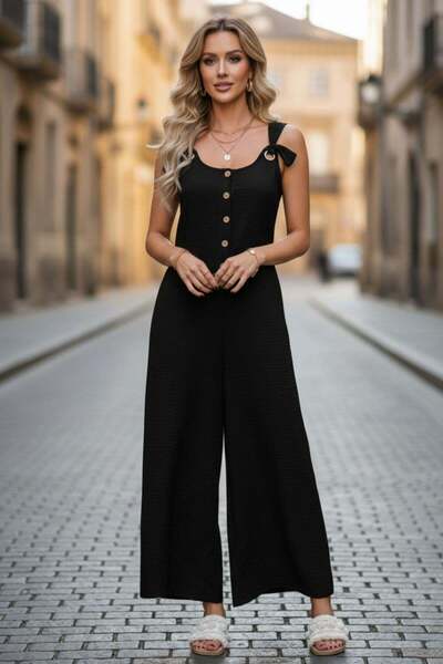 Mossta Düğme Detaylı Geniş Paça Askılı Aerobin Tulum - Siyah