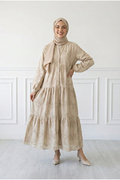 MİHRA STORE Asude Brode Desen Yarım Patlı Elbise-PE600 Taş