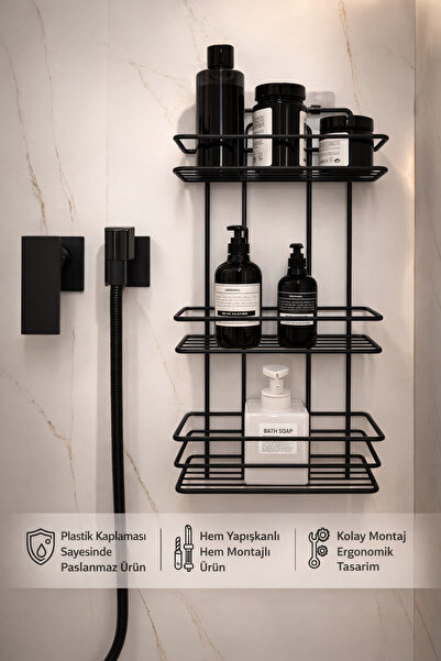 Alper Banyo حامل شامبو لاصق من الفولاذ المقاوم للصدأ مدى الحياة مع 3 أرفف بال...