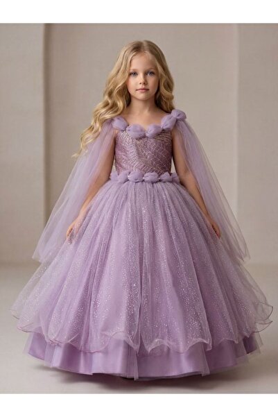 Okay فستان سهرة بناتي من التول بكتفين مزين بالترتر اللامع