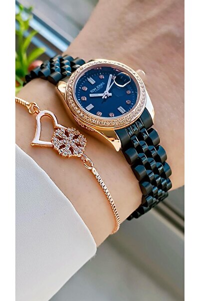 Tom Jones ساعة يد نسائية أصلية بضمان لمدة عامين لون ذهبي وردي + سوار هدية