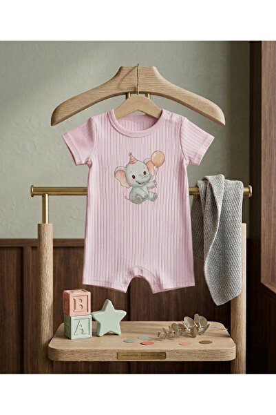 JAKC WAYS %100 Pamuk Fil Desenli PEMBE Çıtçıtlı Tulum / Bebek Zıbın