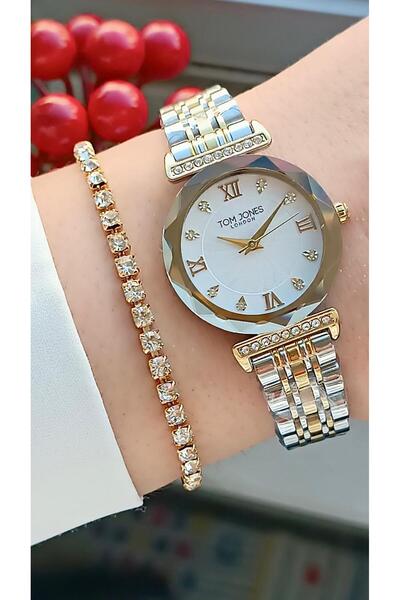 Tom Jones ساعة يد نسائية أصلية بضمان لمدة عامين، حزام فولاذي بلونين مع سوار هدية