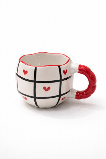 Çağ Seramik Line Heart Patterned Handmade Ceramic Mug – Cream Coffee Cup with...