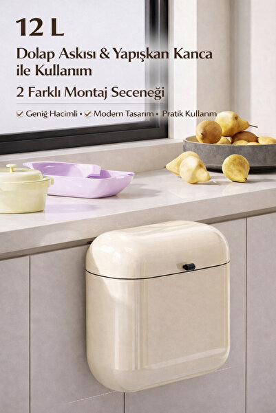 ADEFCO 12 LT Kapaklı Çöp Kovası Duvara Asılabilir Mutfak Dolap İçi Çöp Kutusu...