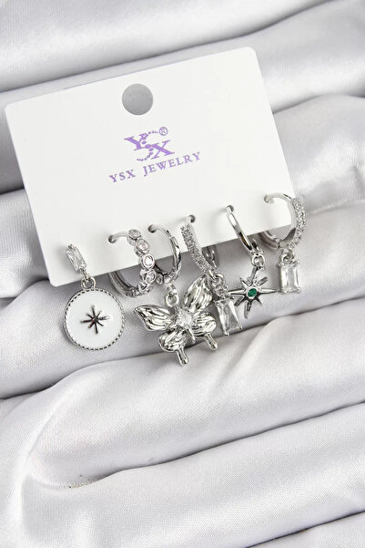 Skygo أقراط نحاسية من حجر الزركون على شكل فراشة ونجمة موديل فضي اللون مكونة م...