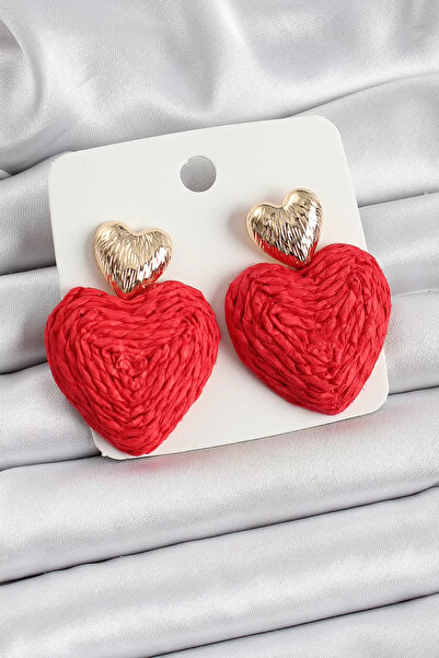 Skygo أقراط نسائية منسوجة على شكل قلب أحمر من القش باللون الذهبي - TJ-BKP10735