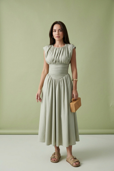 şems fashion rochie din țesătură poplin cu centură cu guler pătrat rochie lun...