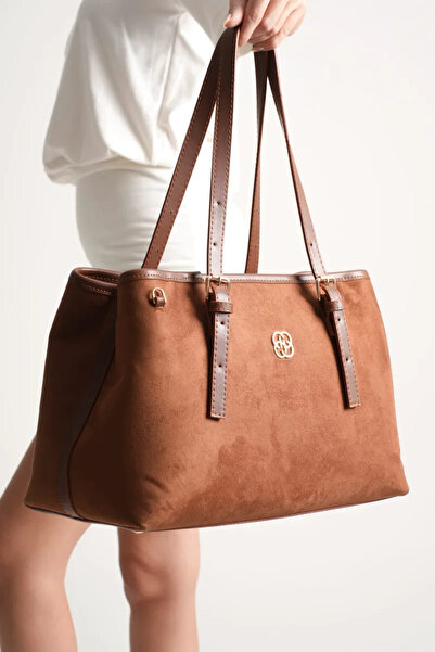 Valeriona Alena Kadın Büyük Omuz ve Kol Çantası Taba Süet-Günlük Kullanım