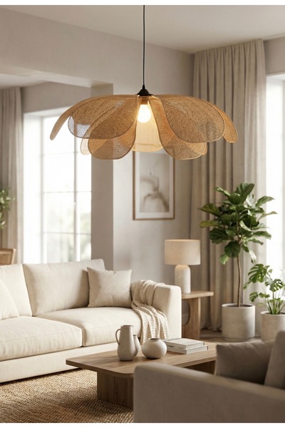 burenze Modern Bohem El Yapımı Orijinal Hasır Bambu Rose Çiçek Sarkıt Avize