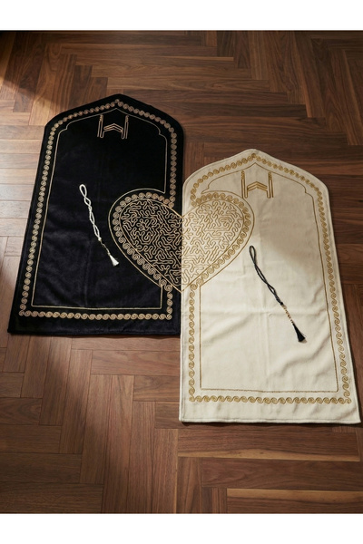 Emy Kadife Yumuşak Rahat Kalpli Eşli Çift Seccadesi 2 Tesbihli Gelin Damat Bo...