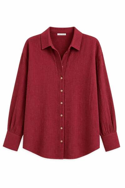 Mixray 4642 Women's Epaulet Shirt with Collar, Burgundy