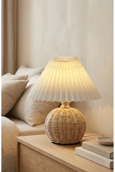 burenze Modern Abajur Premium Krem Kumaş Umbrella Abajur Rattan Hasır Bambu G...