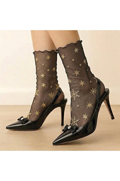 DİLARRA Boutique Gold Kar Tanesi Detaylı Siyah Tül Çorap