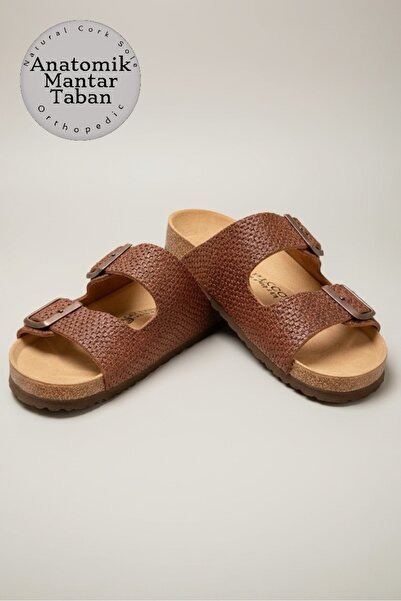 LAND OF CORK LC Unisex Anatomik Doğal Mantar Tabanlı Hakiki Deri Terlik Ark D...