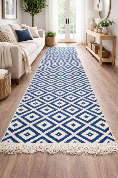 OEM Covor tradițional, dimensiune 80 x 300 cm, albastru și crem, model ROMB