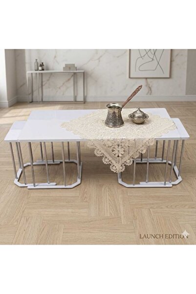 Nokta Sehpa Home İNCİ DİKDÖRTGEN YAVRULU 2+1 ORTA SEHPA krom kaplama mdf tabla
