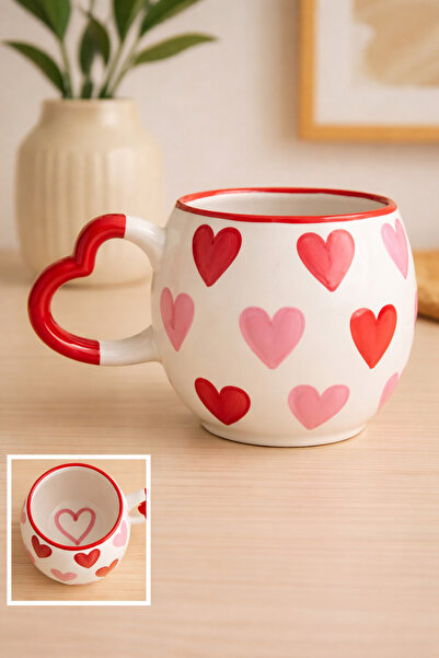 İZart Kalp Kulp İÇİ KALP DESENLİ ÖZEL KABARTMALI Tamamıyla El Yapımı Seramik ...