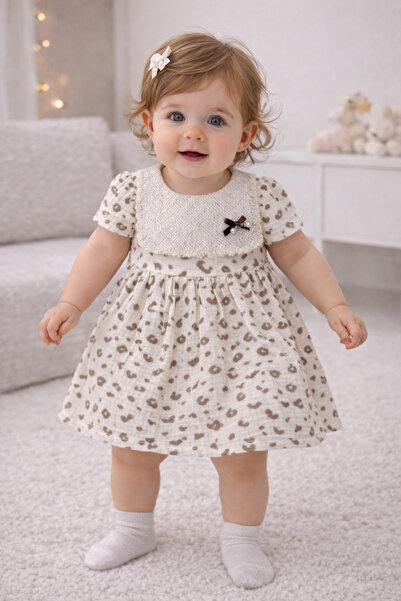 My Babies Label Leopar Desenli Müslin Kız Bebek Elbise – Dantel Yaka Detaylı ...