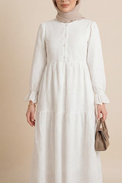 Modamorfo Half-Buttoned Lace Detailed Robadan Dress -White